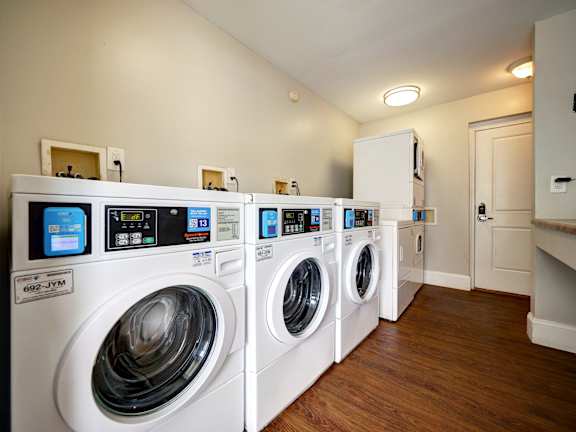 A row of white front load washing machines are lined up in a laundry room.