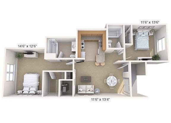 A 3D floor plan of a small apartment with a kitchen, living room, and bedroom.