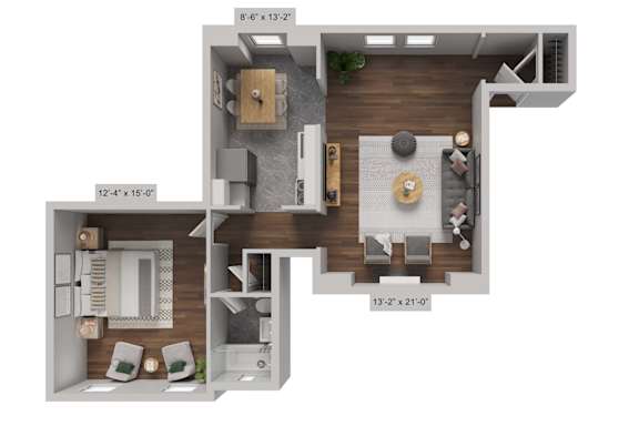 A 3D floor plan of a small apartment with a kitchen, living room, and bathroom.