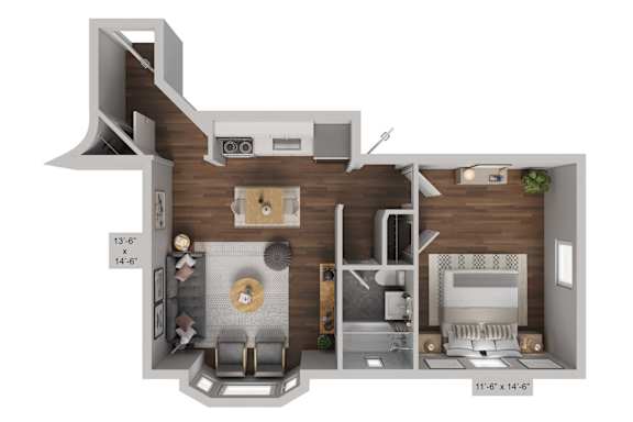 A 3D floor plan of a small apartment with a kitchen, living room, and bathroom.