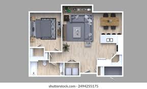 A top-down view of a house layout with a kitchen, living room, and two bedrooms.