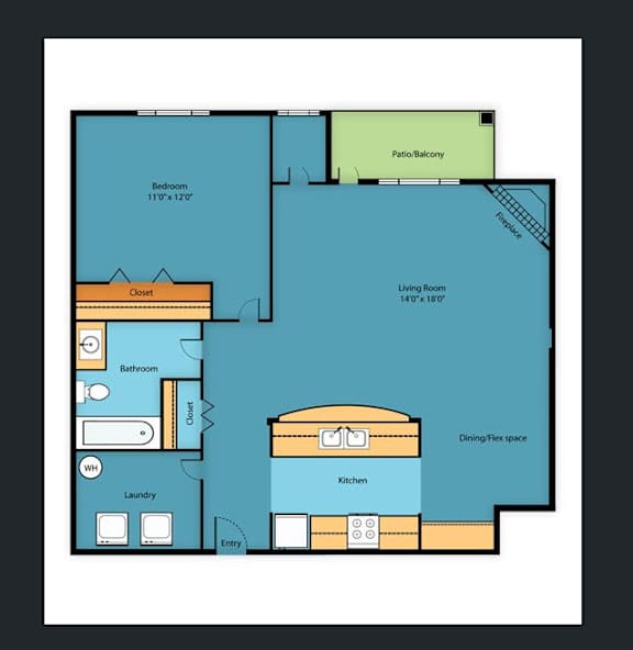 A floor plan of a house with a bedroom, living room, kitchen, and bathroom.