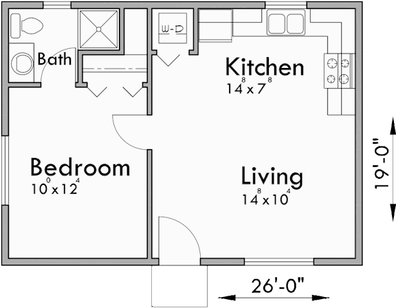 a floor plan of a 1 story apartment with a bedroom and a living room