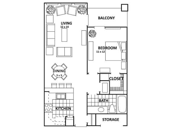 A floor plan of a small apartment with a living room, bedroom, kitchen, and storage.