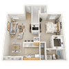 A white dollhouse with a kitchen, living room, and bedroom.