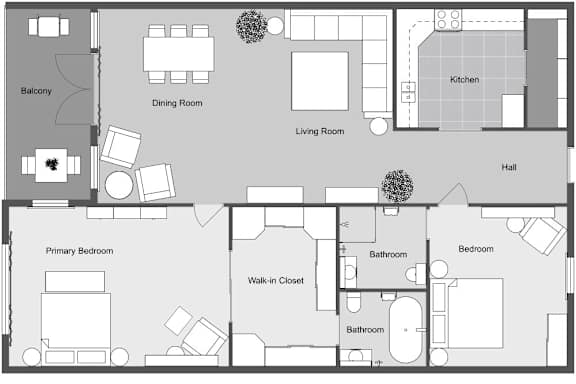 A floor plan of a house with a balcony, dining room, living room, kitchen, hall, and multiple bedrooms and bathrooms.