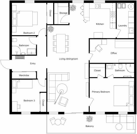 A black and white floor plan of a house with labeled rooms.