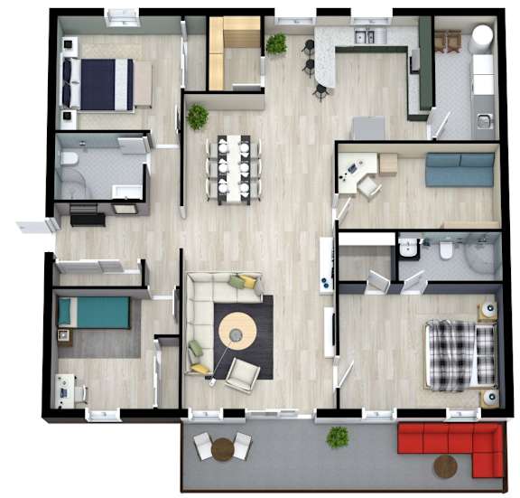 A floor plan of a house with a living room, dining room, kitchen, and bedrooms.