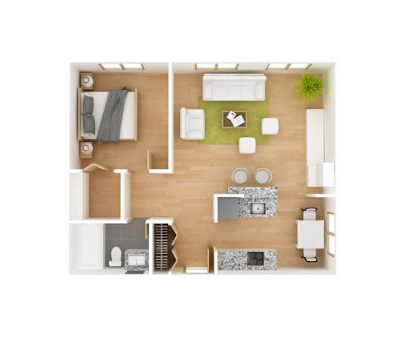 A top-down view of a small apartment with a kitchen, living room, and bedroom.