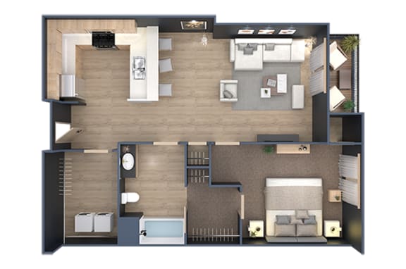 a 3d floor plan of a bedroom with a bathroom and a living room
