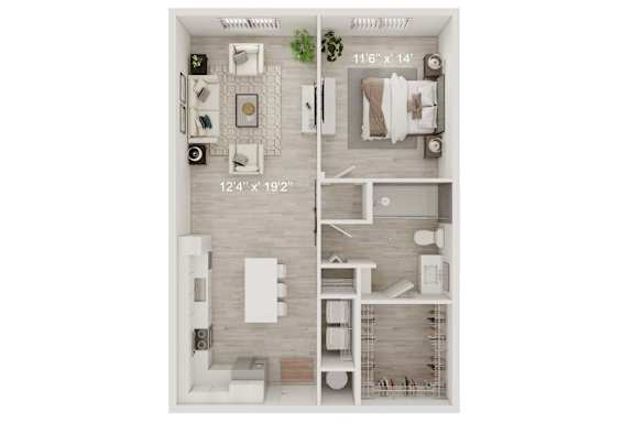 A floor plan of a small apartment with a kitchen, living room, and bathroom.