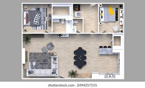 A top-down view of a house layout with a living room, kitchen, and dining area.
