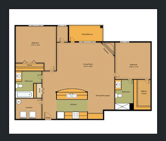 A floor plan of a house with a kitchen, dining area, and two bathrooms.