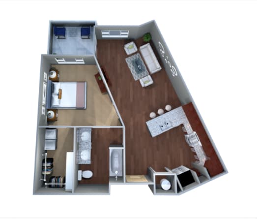 A 3D rendered image of a house layout.