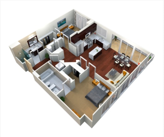 A 3D floor plan of a house with a kitchen, living room, dining room, and two bedrooms.