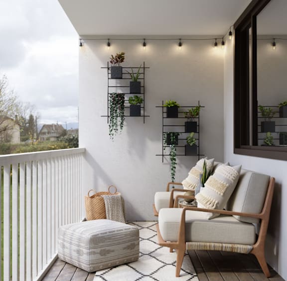 A balcony with a chair, ottoman, and wall-mounted planters.