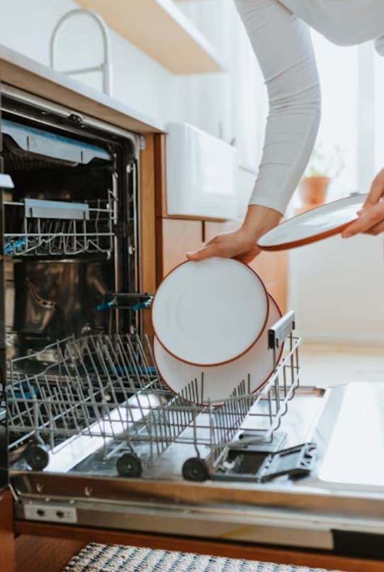 A person is taking a white plate out of an open oven.