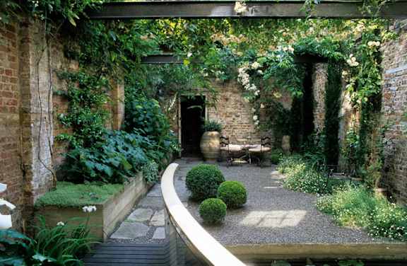 A garden with a bench and a pathway.