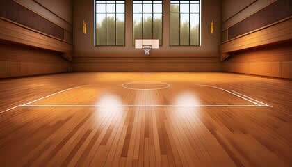 A basketball court with a hoop and a net.