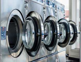 A row of washing machines are lined up next to each other.