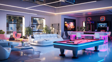 A modern living room with a pool table and a sofa.