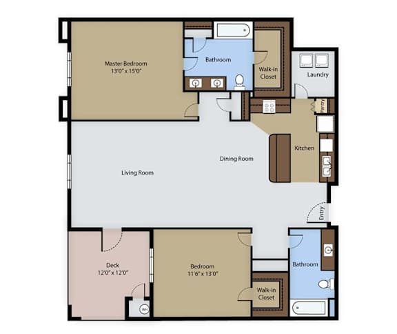 A floor plan of a house with a master bedroom, two bathrooms, a kitchen, a dining room, a living room, a deck, and a bedroom.