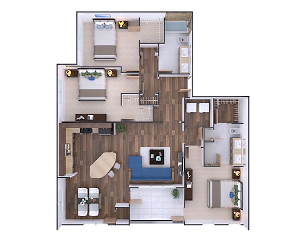 a floor plan of a house with 3 bedroom and a living room