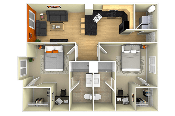 3d floor plan of a 2 bedroom apartment