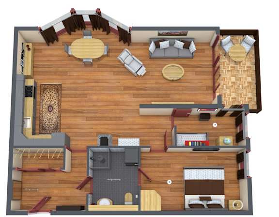 A top-down view of a house interior with a kitchen, living room, and dining area.