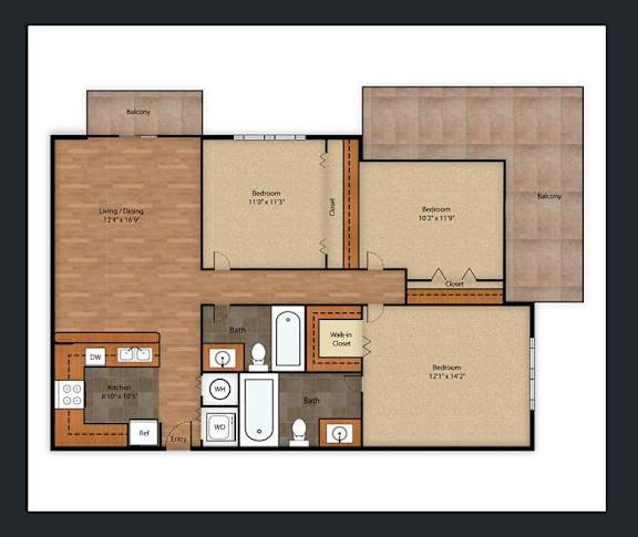 A floor plan of a house with a living room, two bedrooms, a bathroom, a kitchen, a dining room, and a balcony.