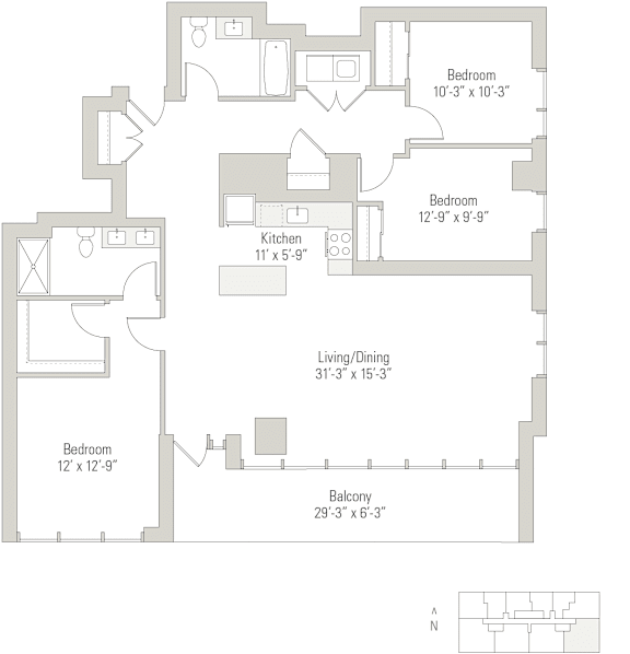A floor plan of a house with four bedrooms, a kitchen, a living/dining area, and a balcony.