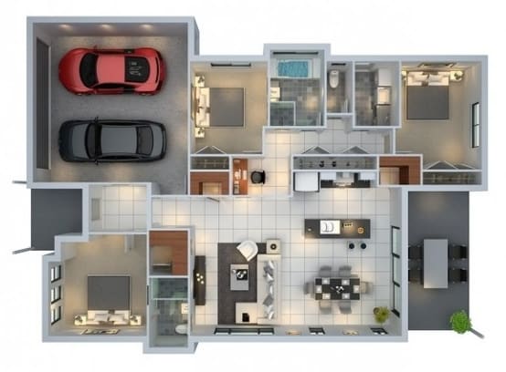 a floor plan of an apartment with a red car in the garage