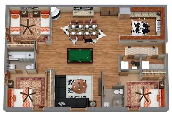 A top-down view of a living room with a pool table and a dining area.