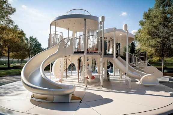 A playground with a white slide and a white circular structure.