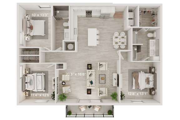 A floor plan of a house with a living room, dining room, kitchen, and two bedrooms.
