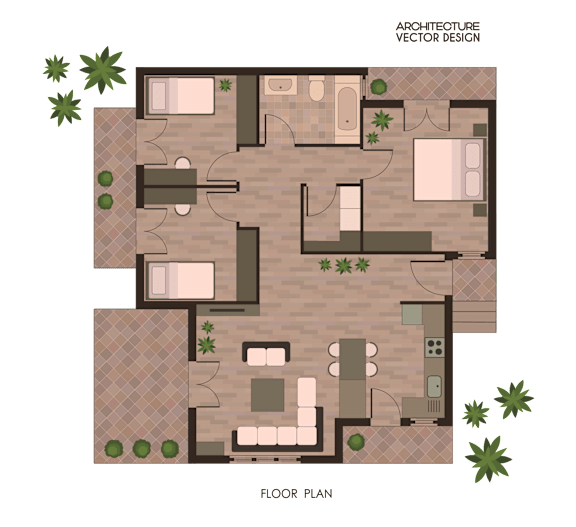 A floor plan of an architectural design with rooms and furniture.