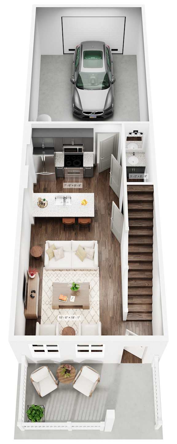 a 3d rendering of a modern apartment with a car
