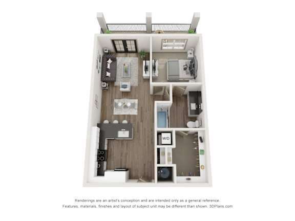 A 3D floor plan of a small apartment with a kitchen, living room, and bedroom.