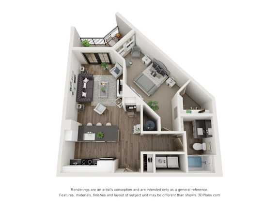 A 3D floor plan of a house with a kitchen, living room, and bathroom.