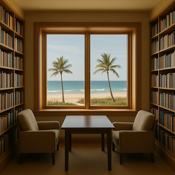A room with a view of the beach through a large window.