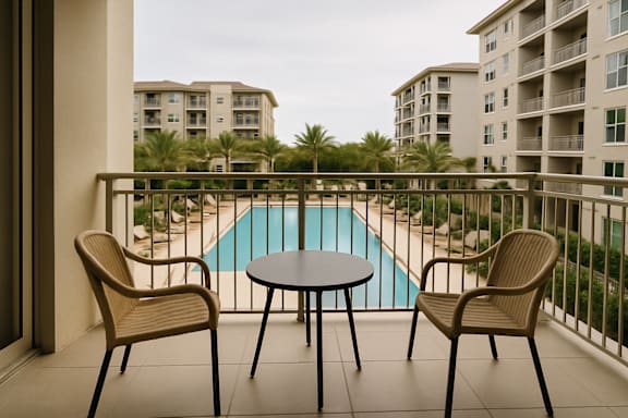Two chairs and a table are on a balcony overlooking a pool.