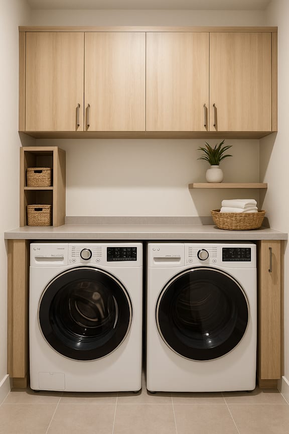 Two front loading washing machines in a laundry room.