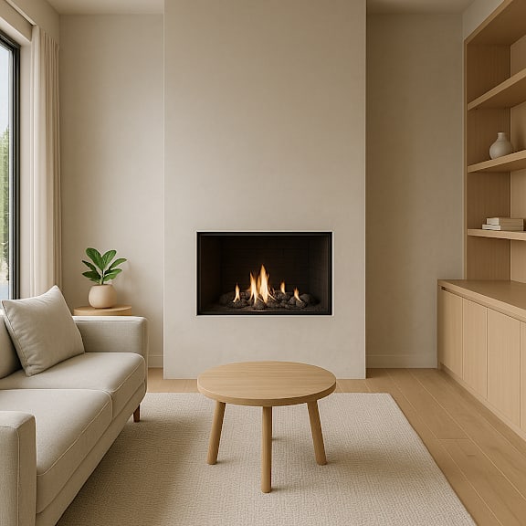 A living room with a fireplace, a couch, and a table.