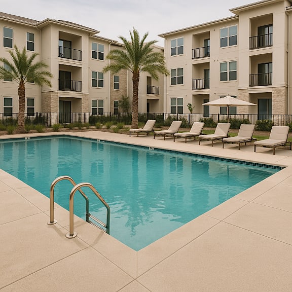 A swimming pool in front of a building with palm trees.