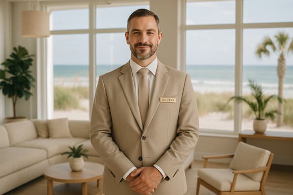 A man in a beige suit stands in a room with a view of the beach.
