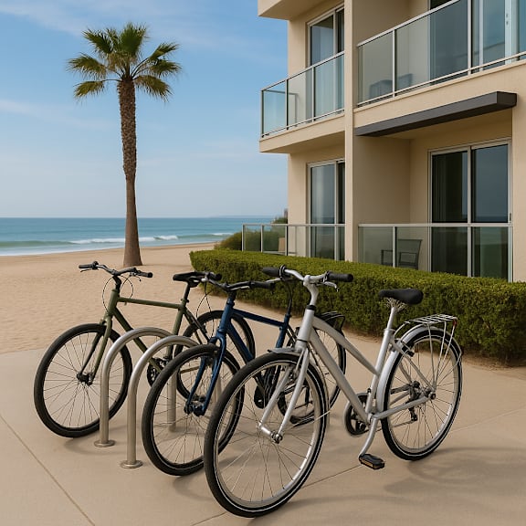 Three bicycles are parked on a patio next to a palm tree.