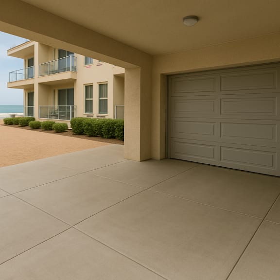 A garage door is closed in front of a house.