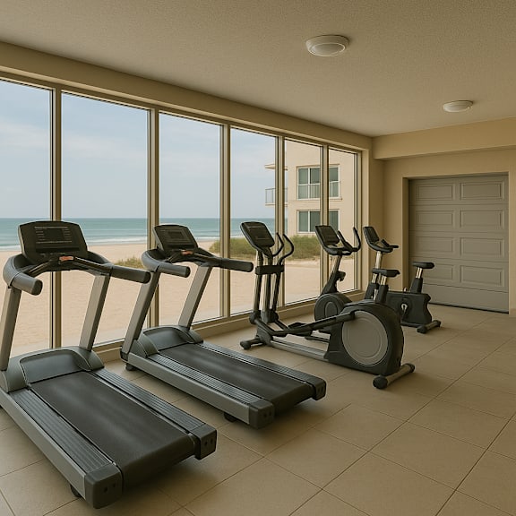 A set of treadmills and elliptical machines in a room with a view of the beach.