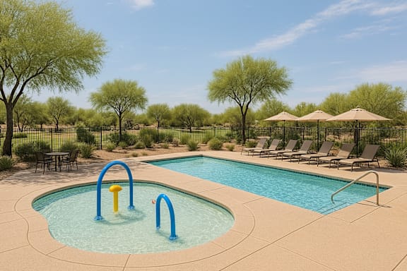 A pool with a slide and a pool table.