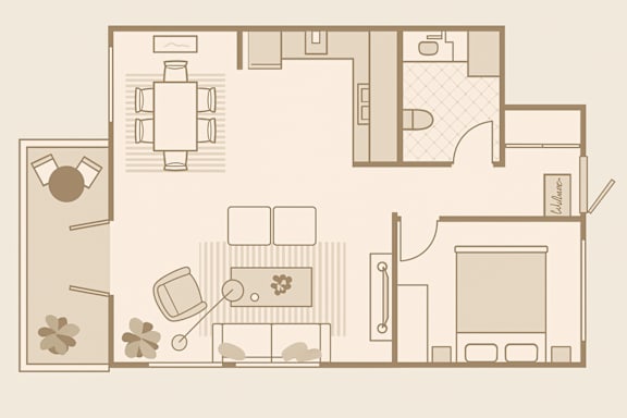 Floor Plan  A floor plan of a house with a dining area, kitchen, and living room.